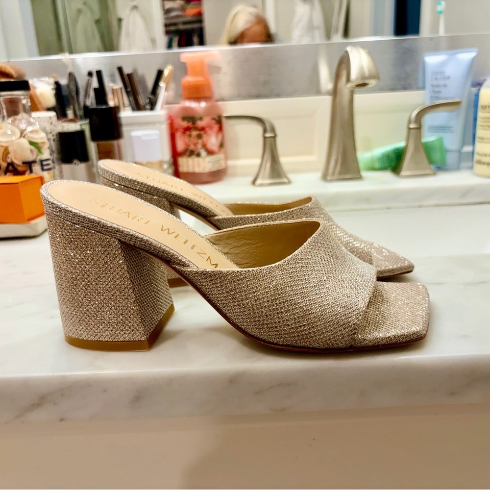 Stuart Weitzman Shimmering Silver Block Heel Mules